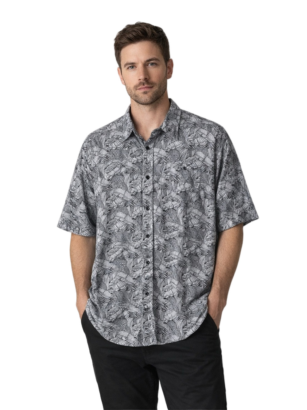 ditch plains Men's Black and White Leaf Print Casual Shirt